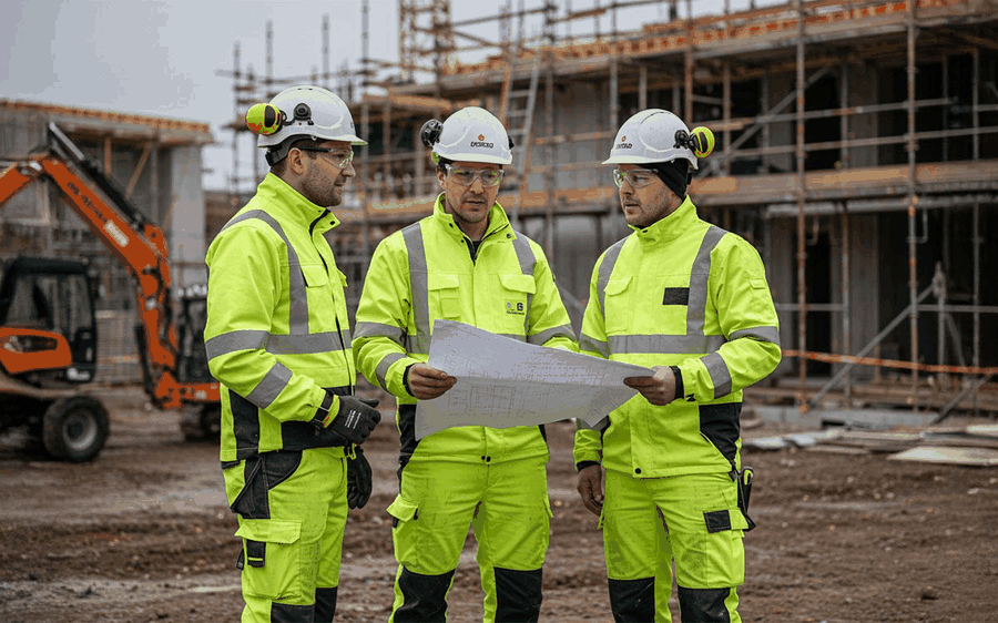 Warehouse team in high-visibility workwear checking inventory