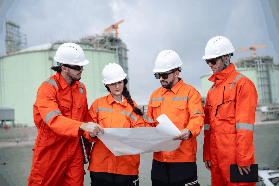Offshore operations team in orange coveralls reviewing a work plan